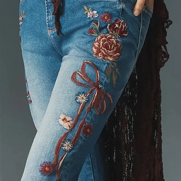 DRIFTWOOD Farrah High-Rise Flare Jeans Bows and Roses Anthropologie - Picture 3 of 4